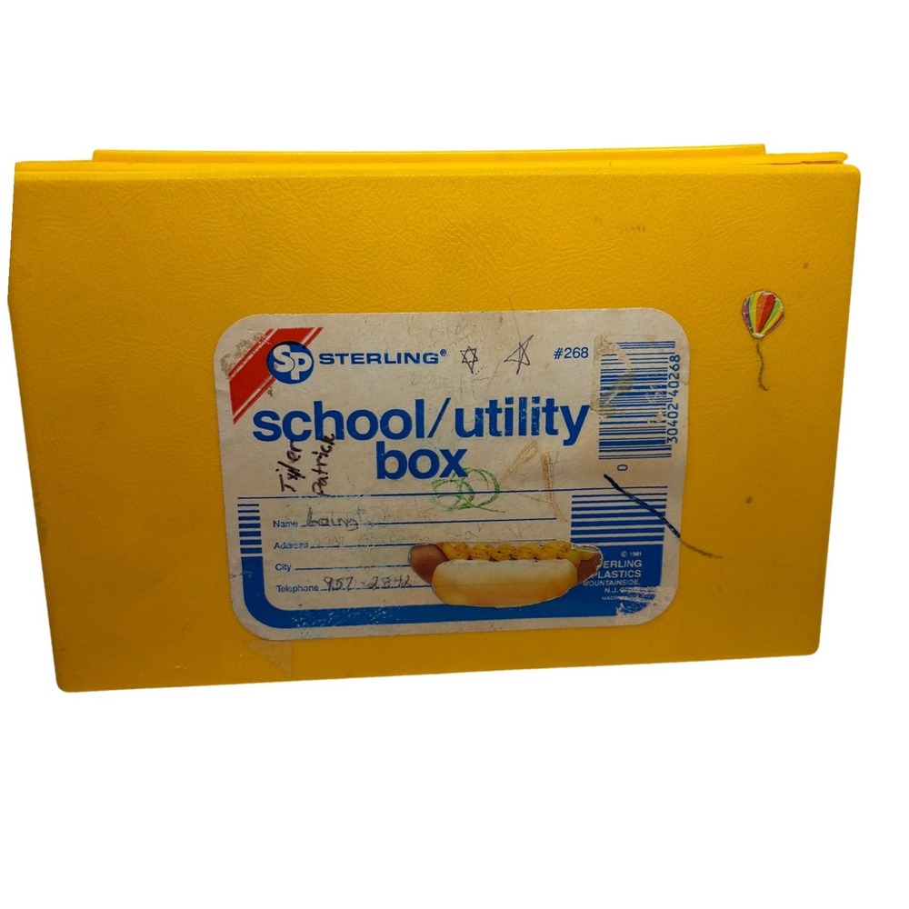 1980s Sterling Plastics Yellow School Utility Box 268 Hot Dog Label 1981 USA‎